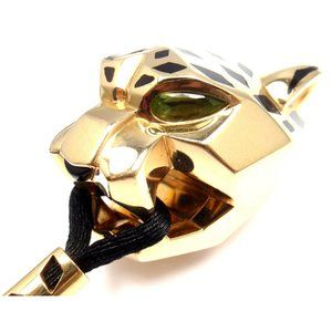 Authentic Cartier Panther Panthere 18k Yellow Gold Emerald Lacquer Cord Necklace